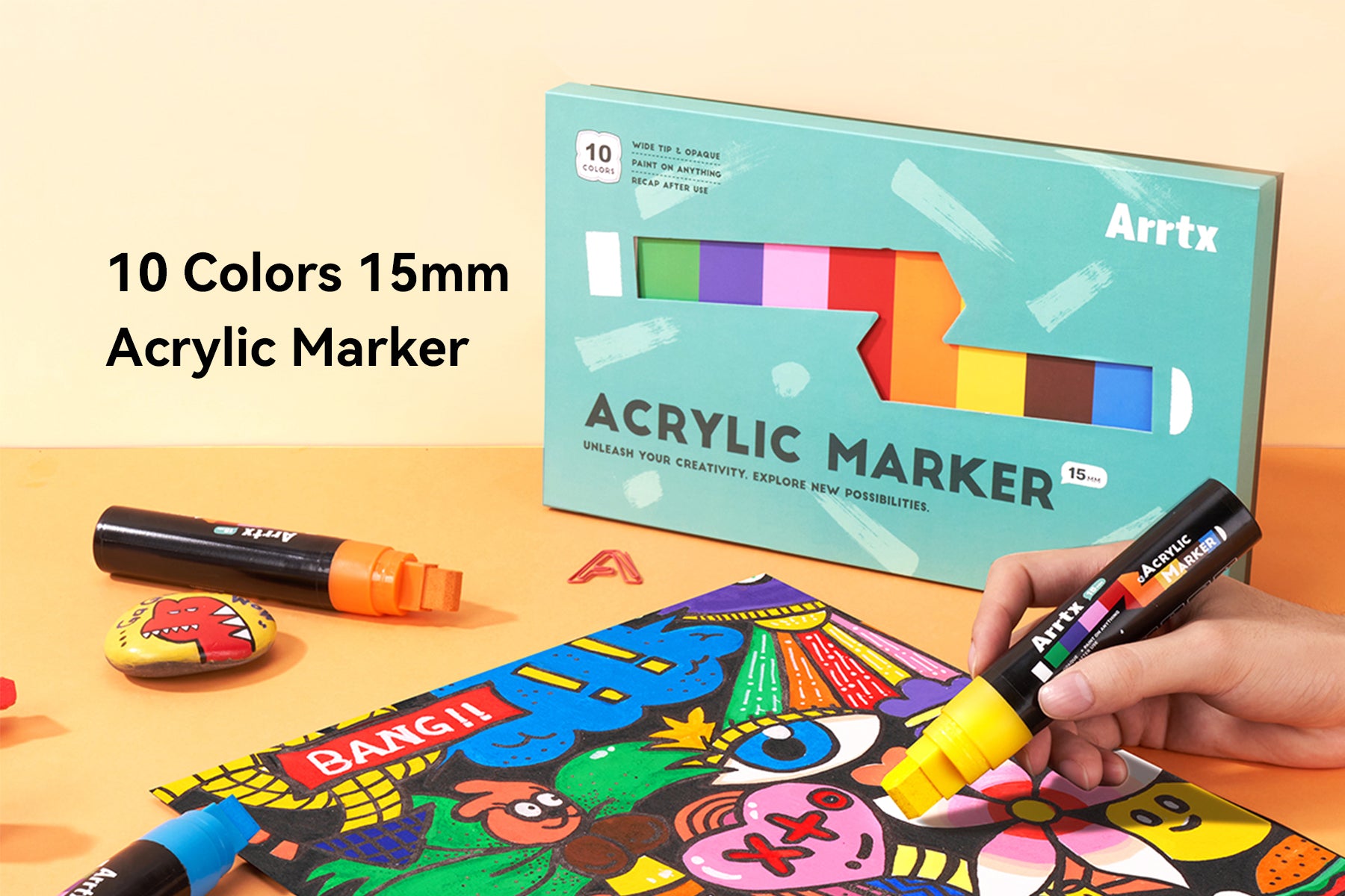 Arrtx 15mm Jumbo Acrylic Markers, 10 Colors Acrylic Paint Pens for