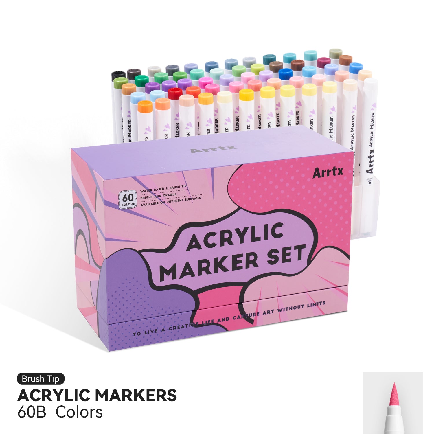 Arrtx Paint Pens 60 Colors Acrylic Marker Brush Tip Art Supplies 60B