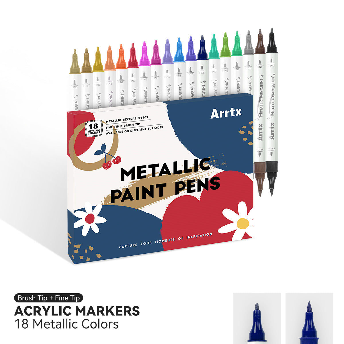 Ручки для рисования металликом Arrtx, 18 цветов (двойной наконечник)