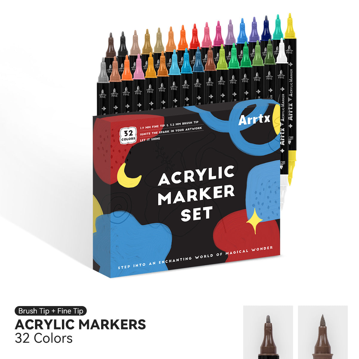 Arrtx 32 Colors Acrylic Marker Dual Tip Paint Pens