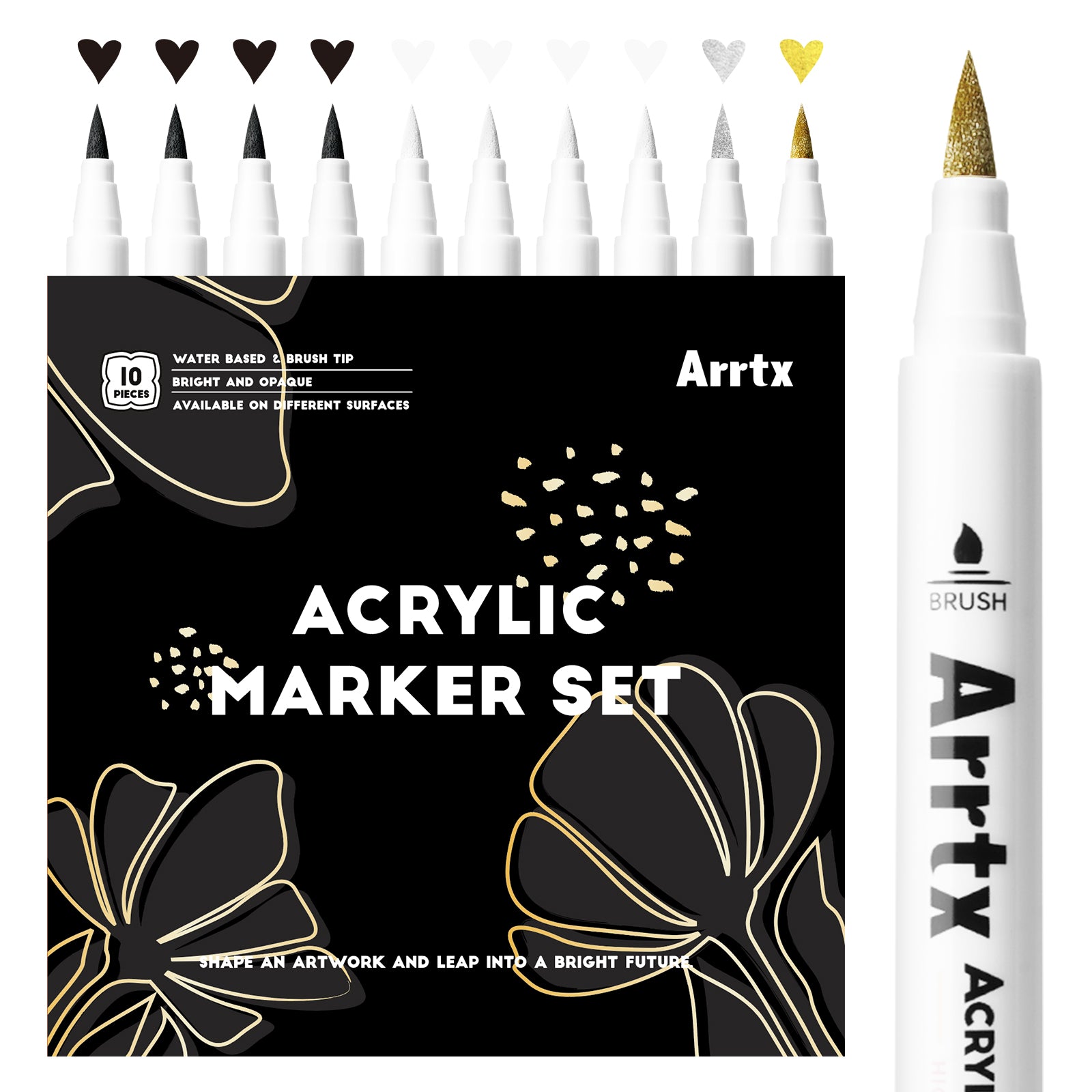 Arrtx Lot de 10 stylos à peinture acrylique avec pointe pinceau