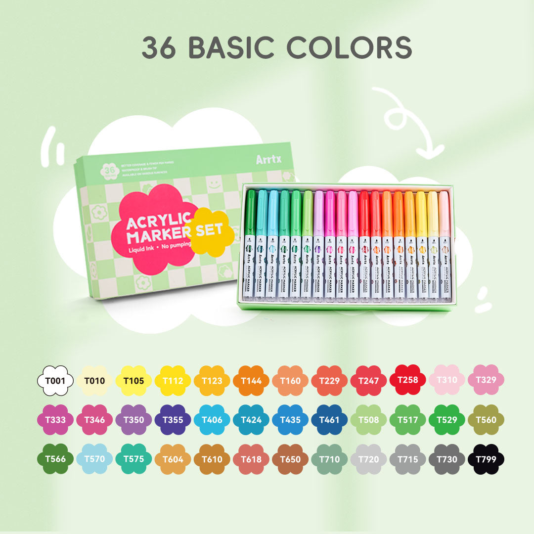 Arrtx 36 Colors Acrylic Paint Markers Brush Tip Liquid Ink