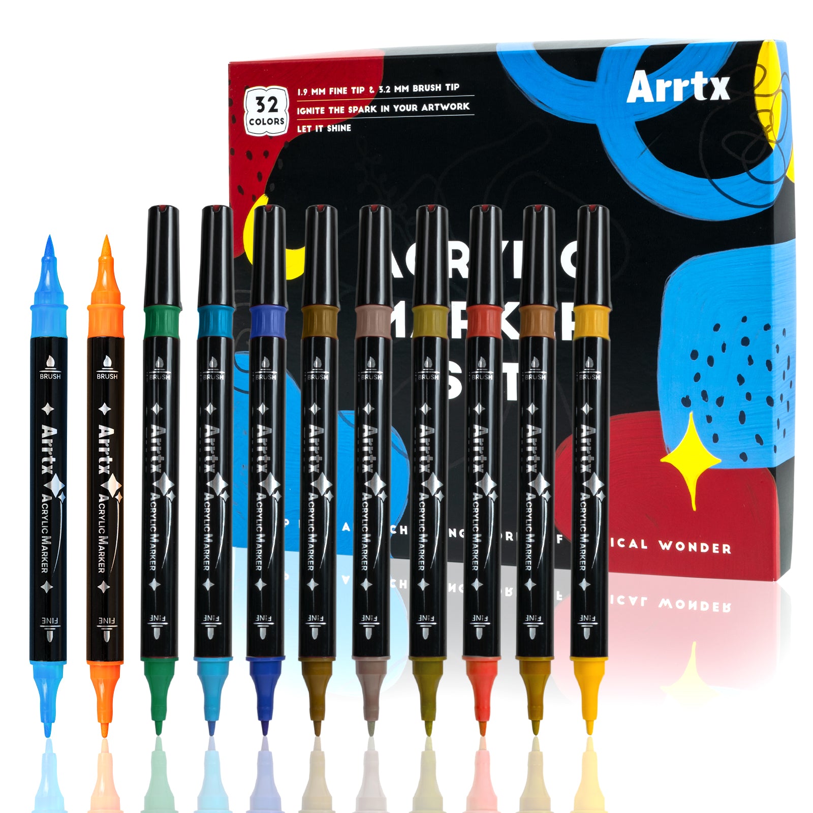 Arrtx 32色アクリルマーカー、ブラシチップと細字チップ（デュアルチップ）