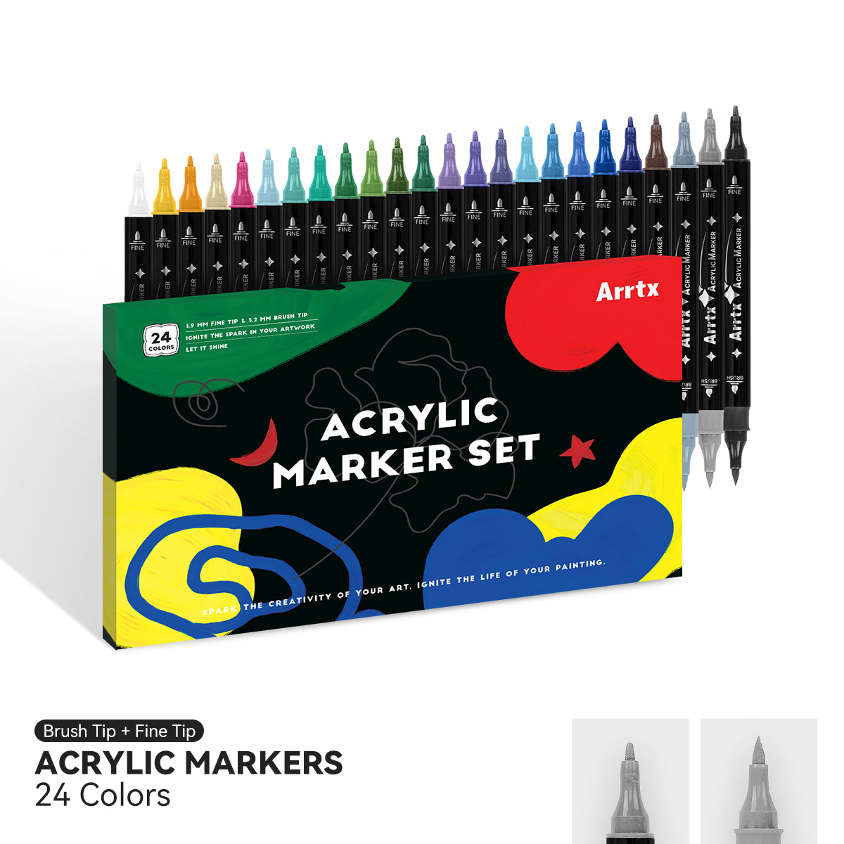 Arrtx 24 Colors Acrylic Marker, Brush Tip and Fine Tip (Dual Tip)