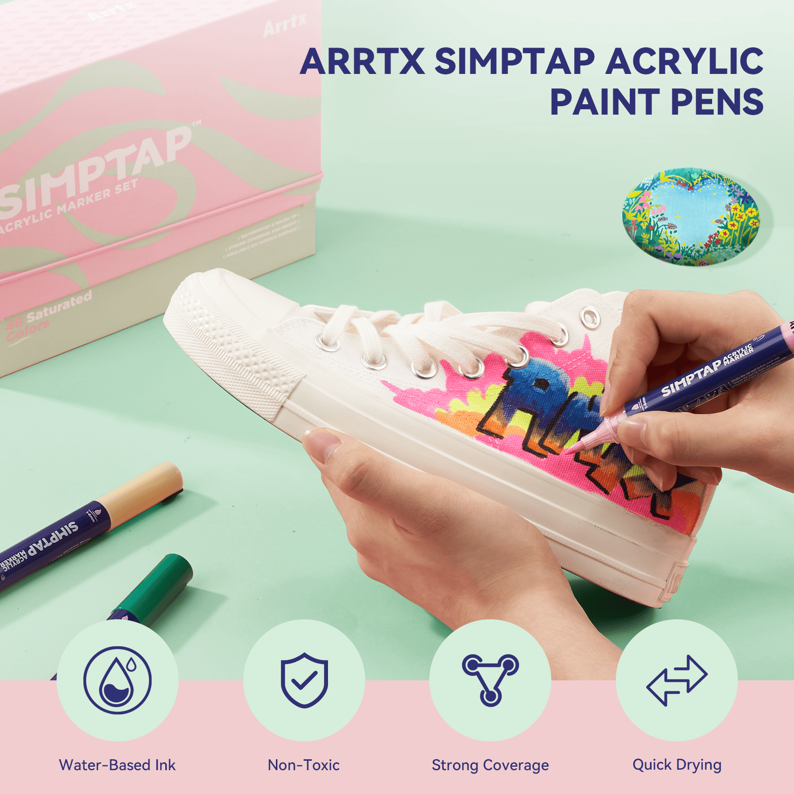 Arrtx Simptap Marqueur acrylique 24 couleurs Stylo de peinture à valve supérieure