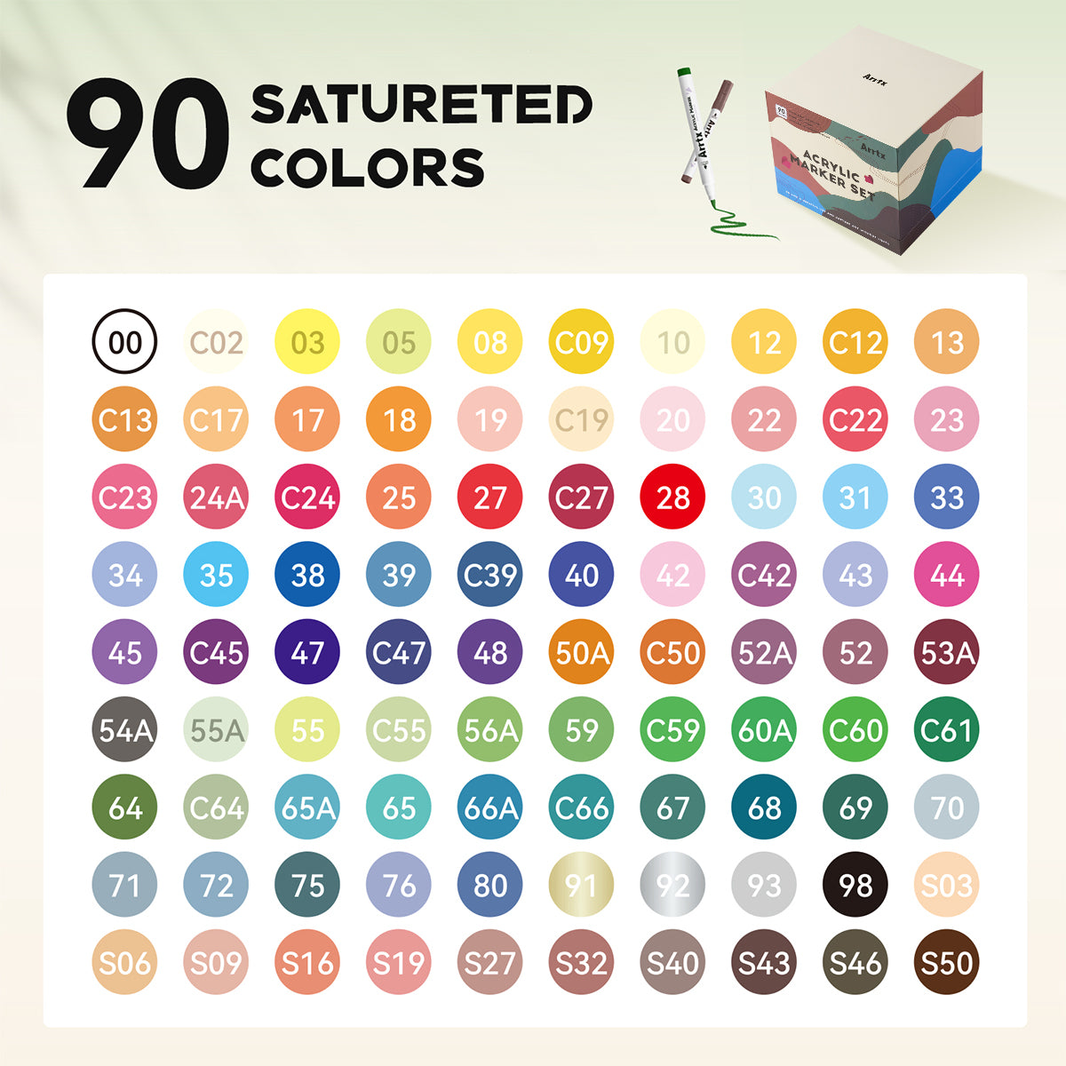 Arrtx 90A Colors Acrylic Marker Pens Paint Brushes