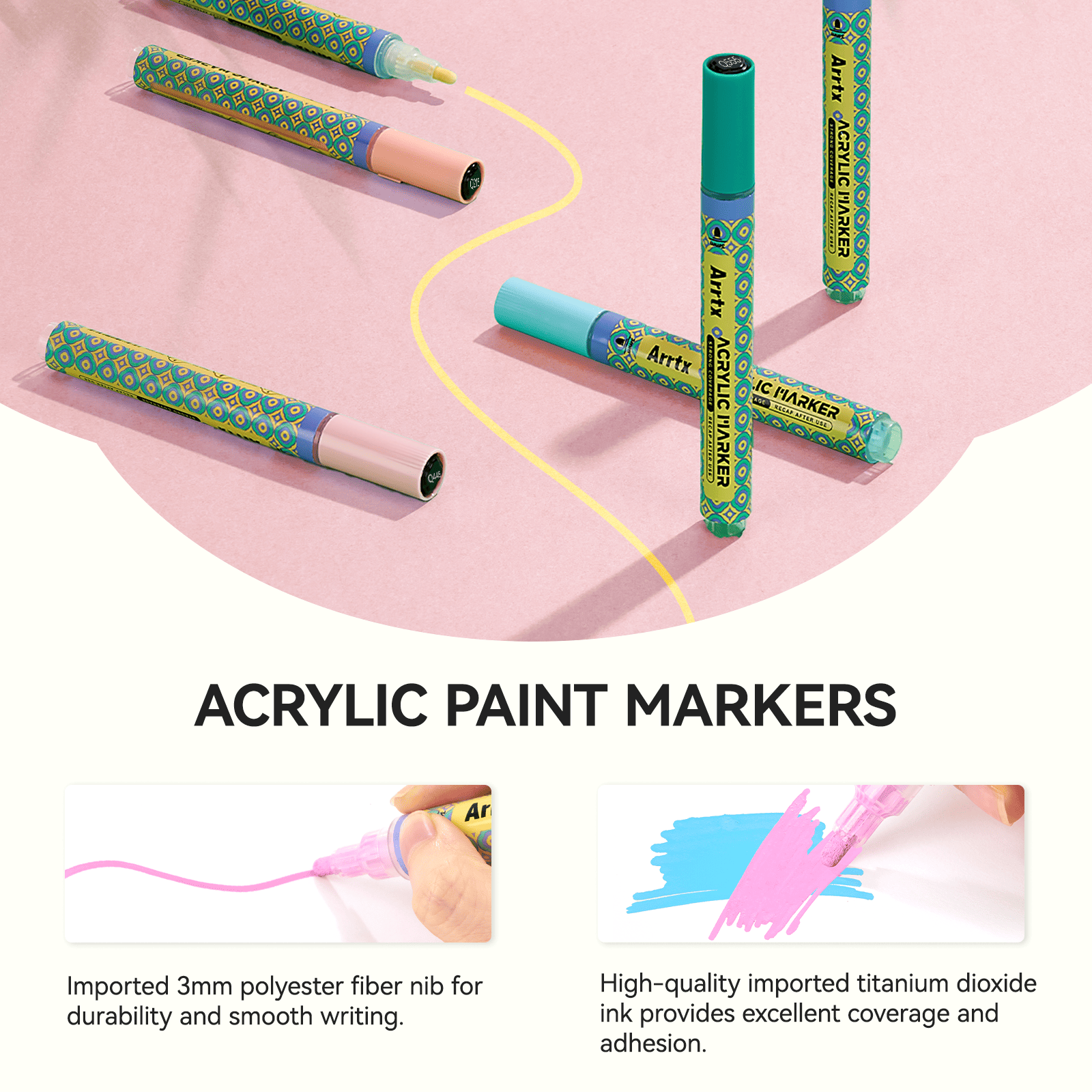 Arrtx 48 Colors Acrylic Paint Markers 3mm Medium Tip Valve Design