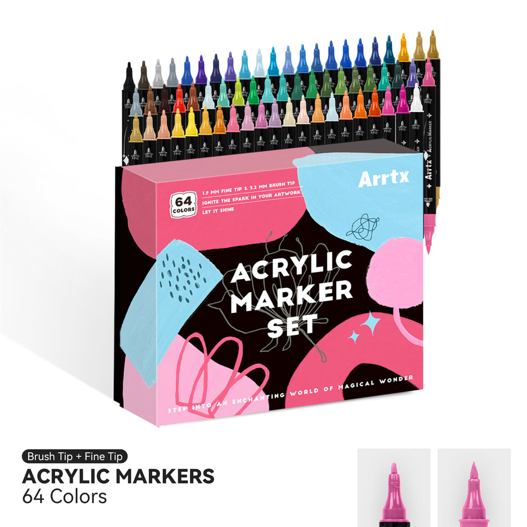 Arrtx 64 Colors Acrylic Paint Markers Dual Tip Paint Pen Set