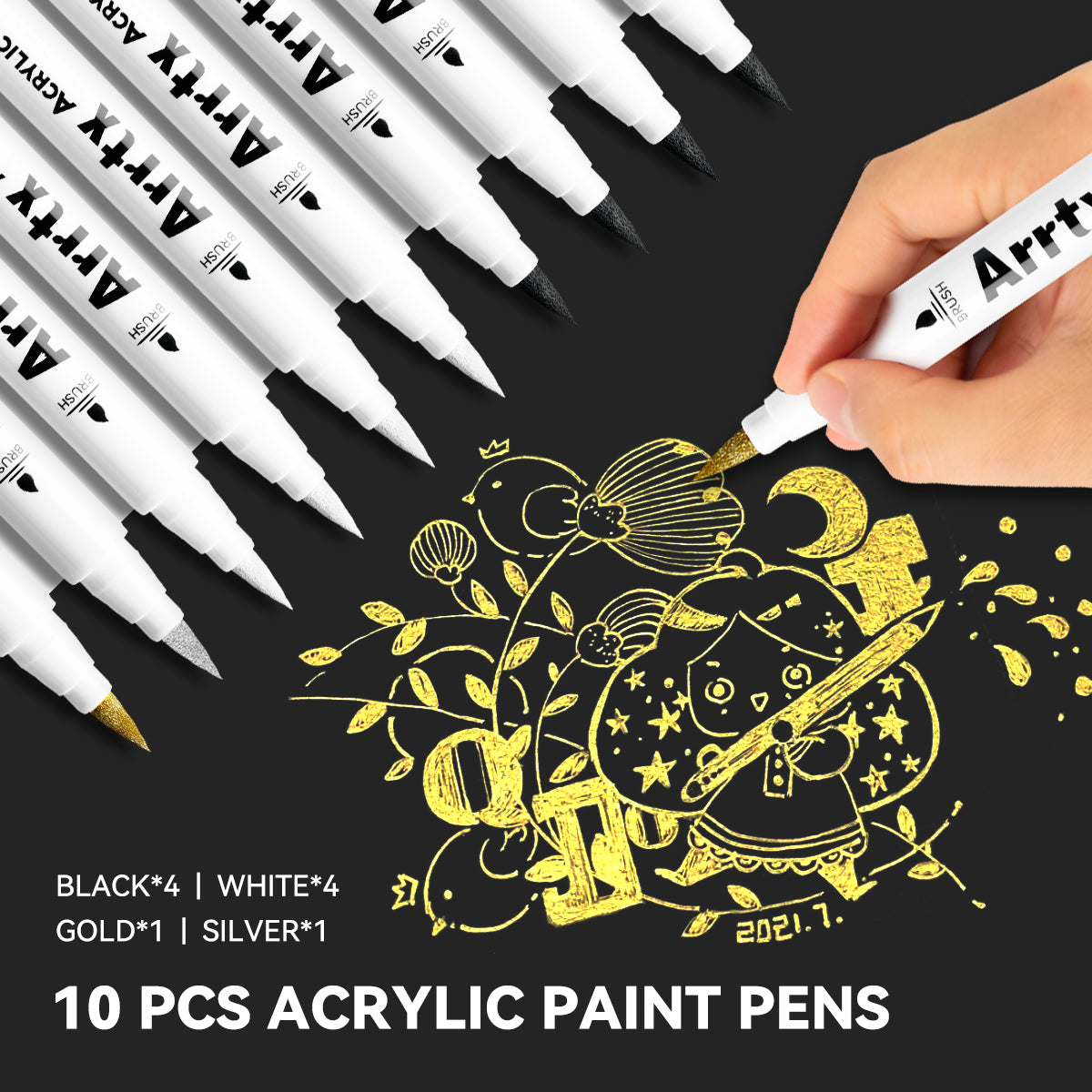 Arrtx Acrylic Paint Pens 10 Pack Extra Brush Tip White Paint Markers Metallic