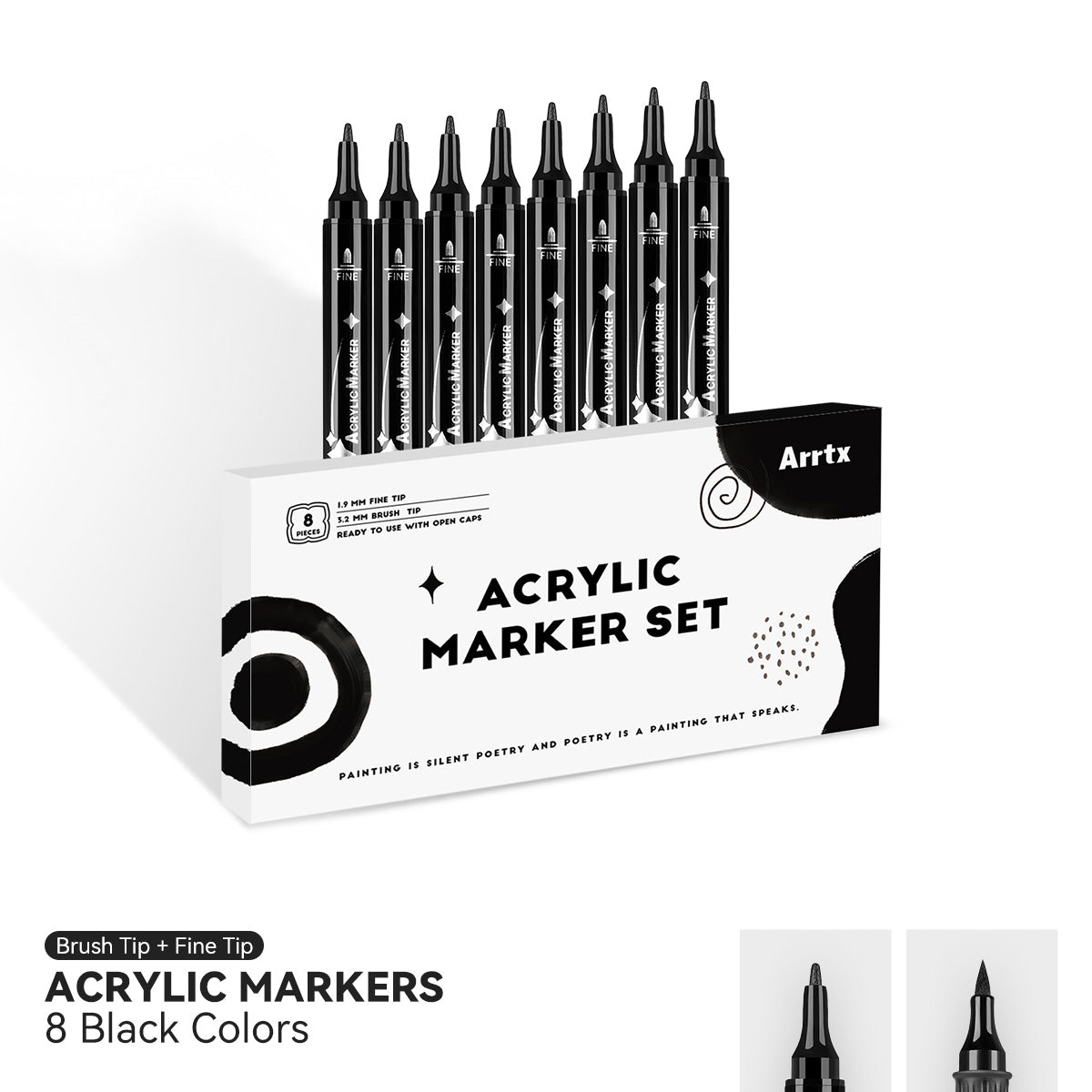 Arrtx Lot de 8 marqueurs de peinture acrylique de couleurs noires à double pointe