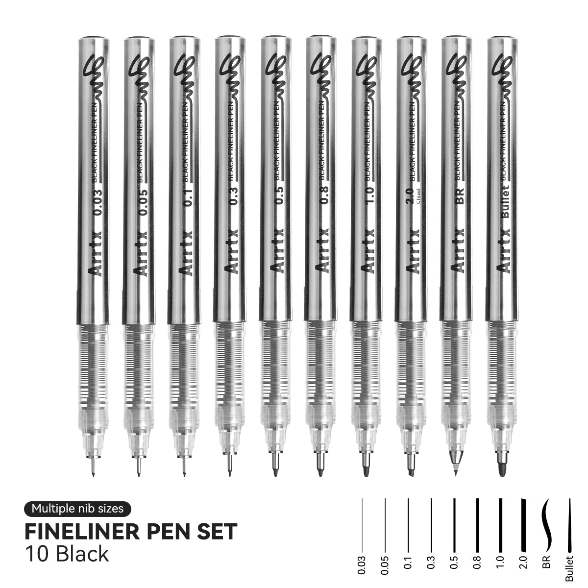 Arrtx Fineliner-Stift-Set, 10 Stück, schwarze Gelstifte mit 10 Spitzen