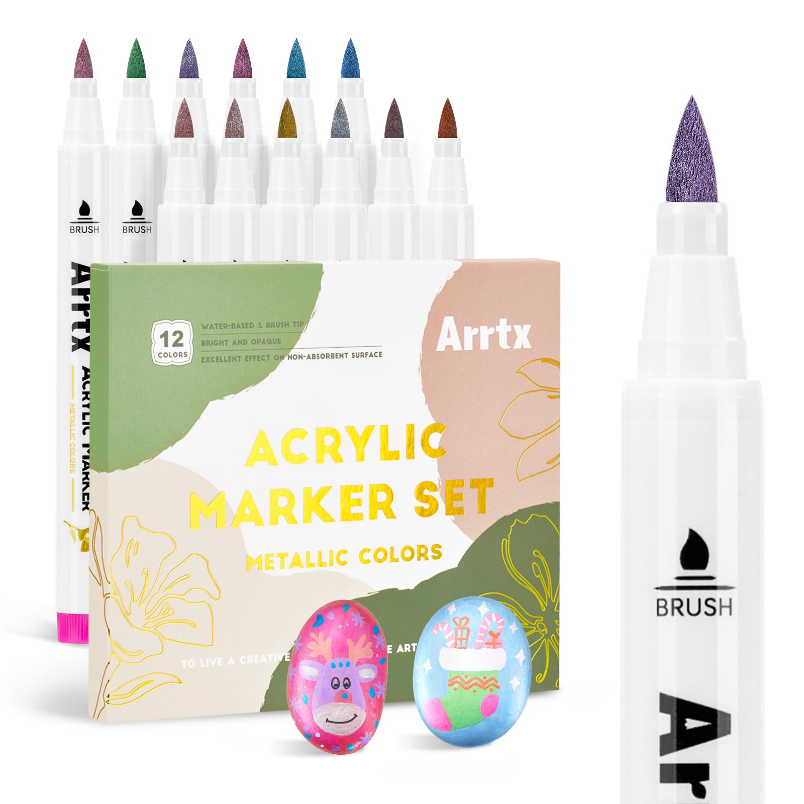 Arrtx 12 couleurs métalliques marqueurs de peinture acrylique pointe de pinceau stylos de peinture