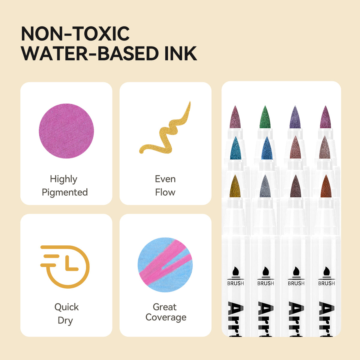 Arrtx 12 Metallic Colors Acrylic Paint Marker Brush Tip Paint Pens