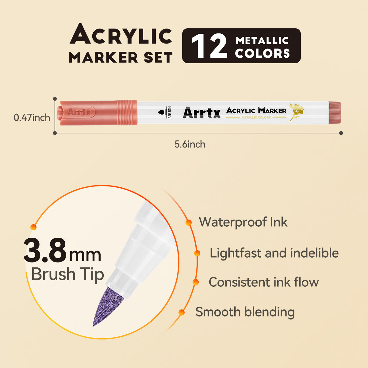Arrtx 12 Metallic Colors Acrylic Marker Soft Brush Tip Metallic Acrylic Paint Pens