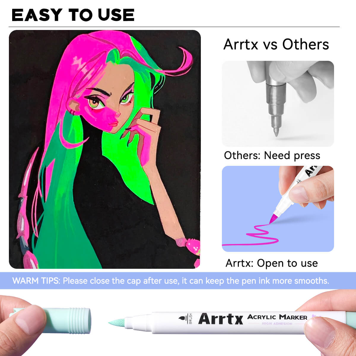 Arrtx Paint Pens 60 Regular Colors Acrylic Marker Brush Tip Art Supplies 60A