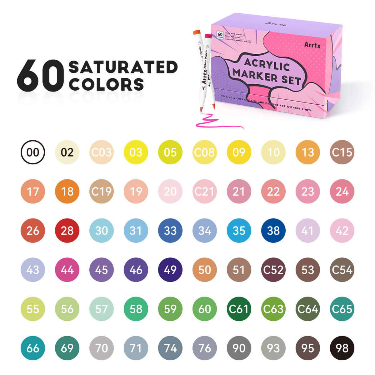 Arrtx Farbstifte, 60 Farben, Acryl-Marker, Pinselspitze, Künstlerbedarf, 60B