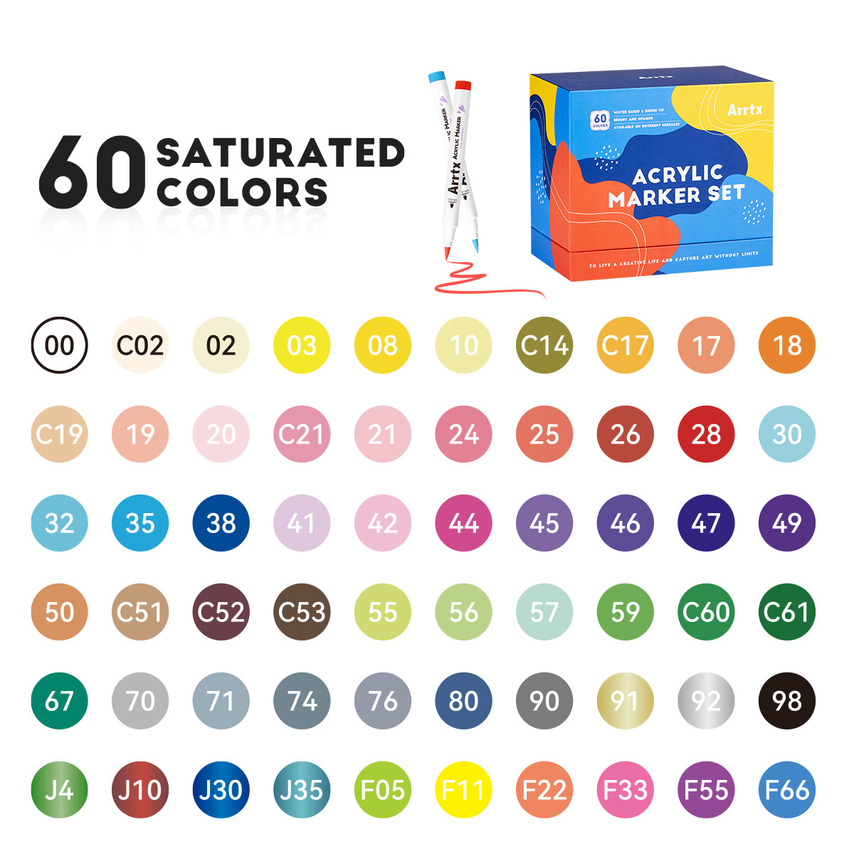 Arrtx 60A Colors Acrylic Paint Markers Brush Tip Art Supplies