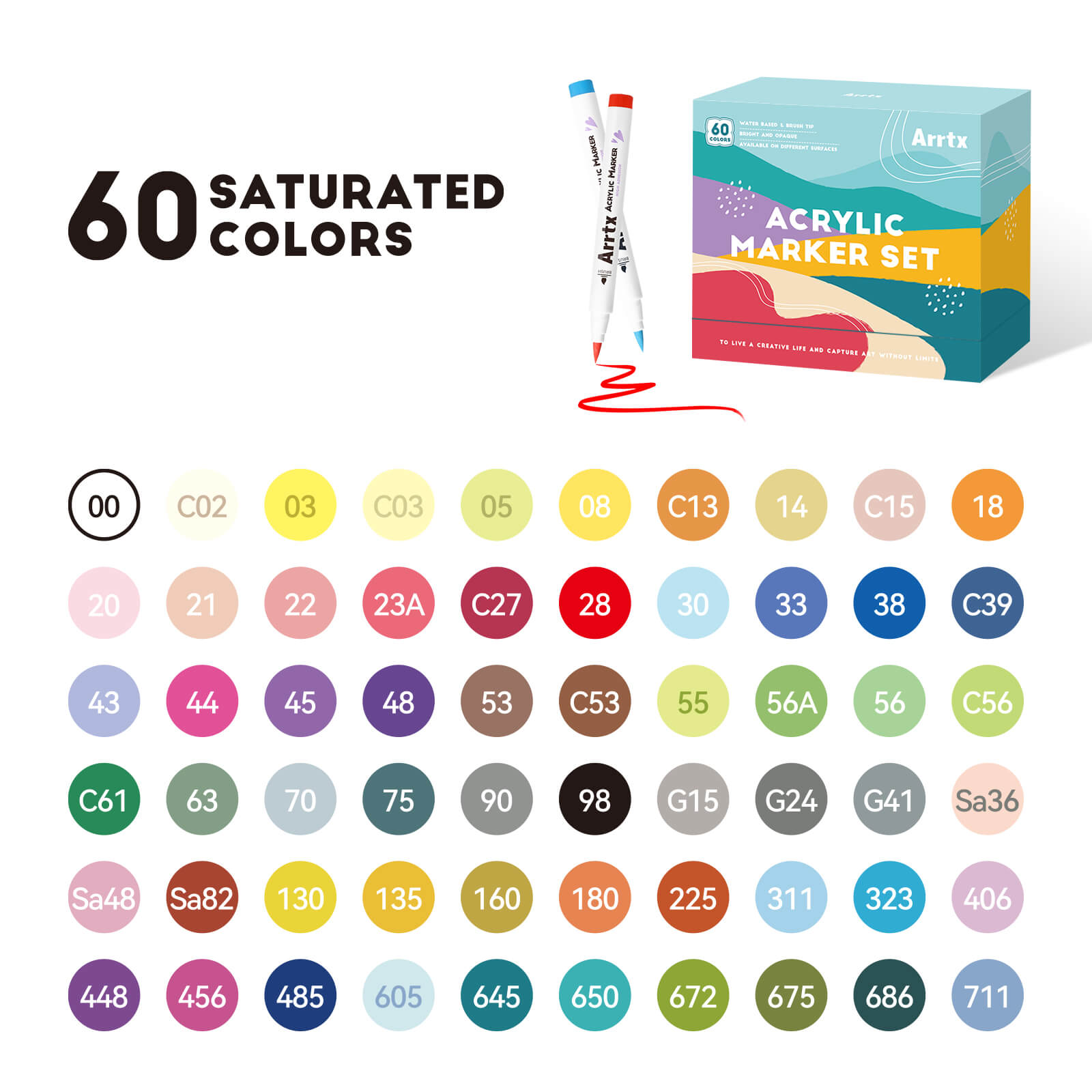 Arrtx 60C Colors Acrylic Paint Markers Brush Tip Art Supplies