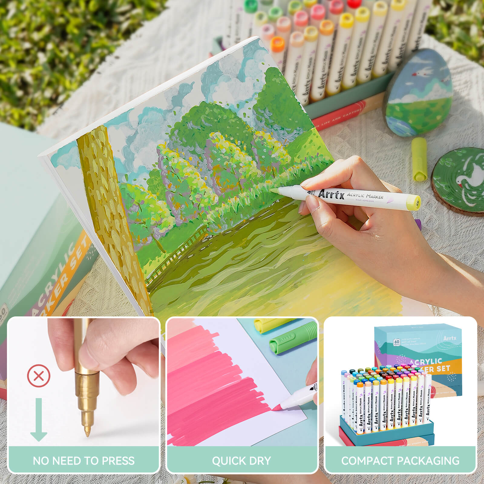 Arrtx 60C Colors Acrylic Paint Markers Brush Tip Art Supplies