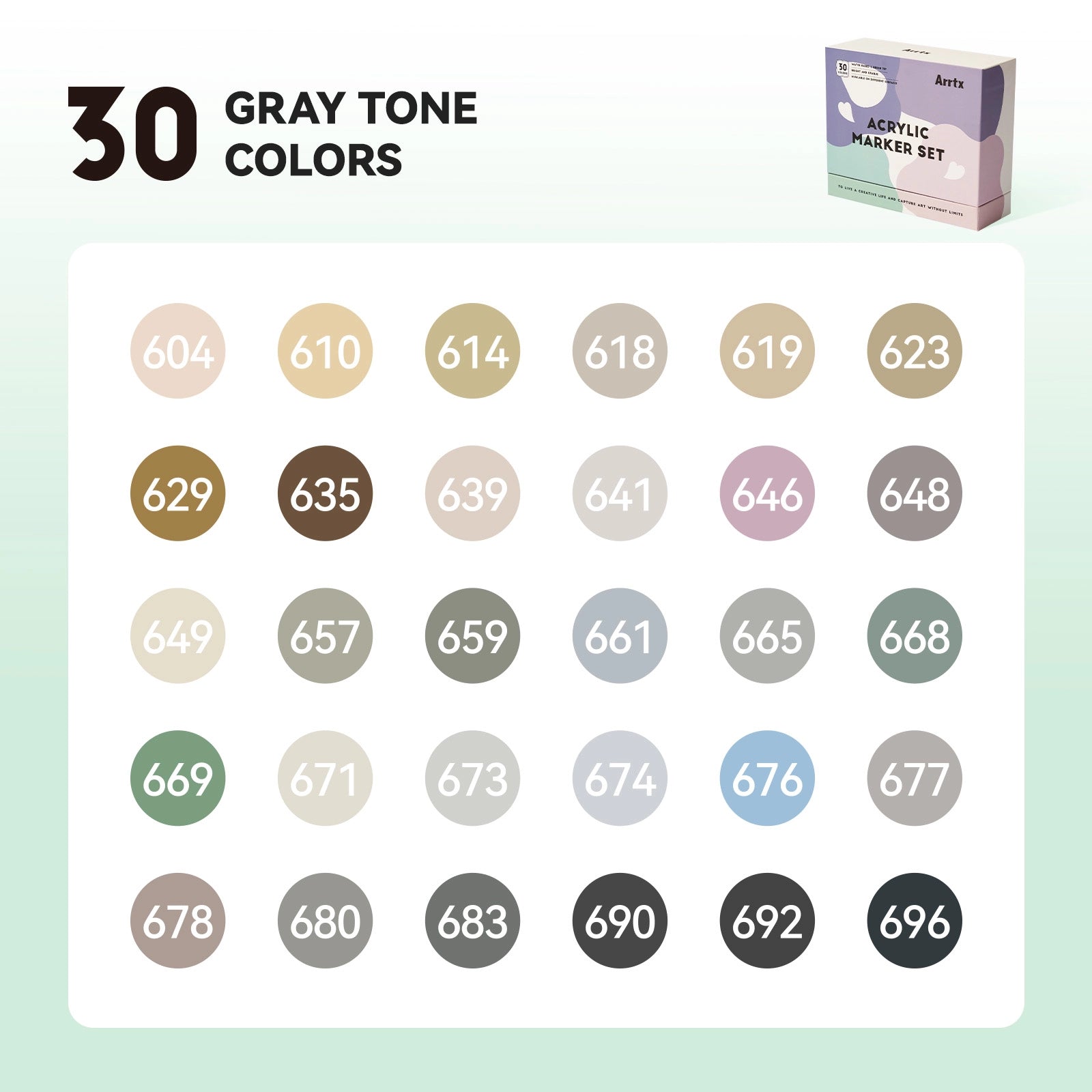 ARRTX Gray 30 Colors Acrylic Marker Set White Barrel Single-Tip Soft Tip