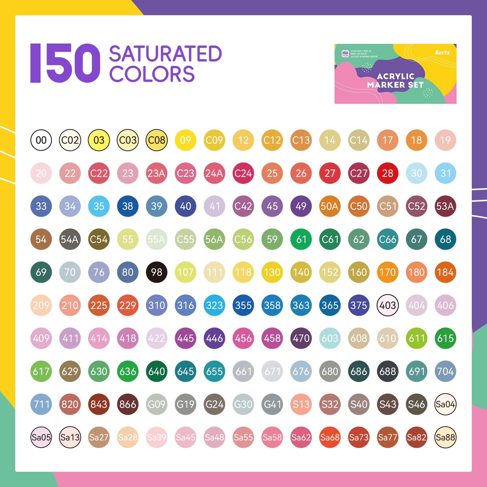 Arrtx 150 Colors Brush Tip Acrylic Paint Markers