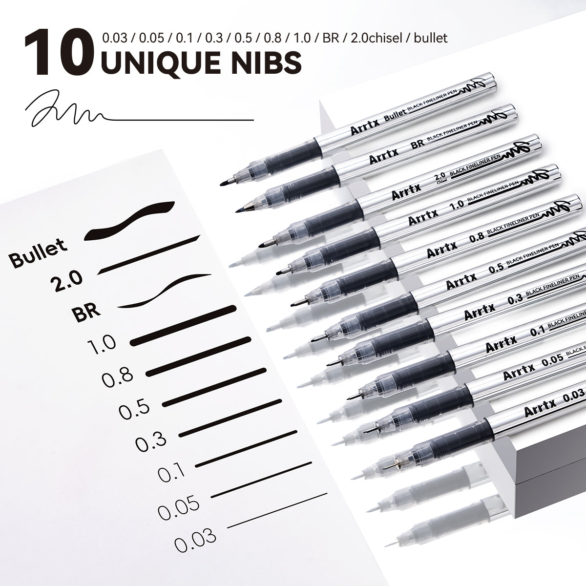 Arrtx Fineliner-Stift-Set, 10 Stück, schwarze Gelstifte mit 10 Spitzen
