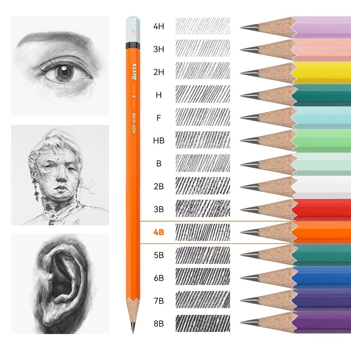 Arrtx ドローイング鉛筆 14 本 (4H - 8B) アーティストスケッチ鉛筆 描画用