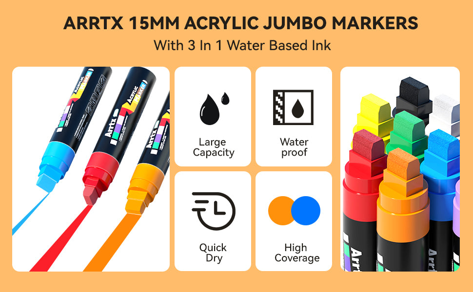 Arrtx Acrylic Paint Markers, 10mm Felt Tip Jumbo Markers, 12 Pack Neon  Colored Graffiti Markers, Permanent