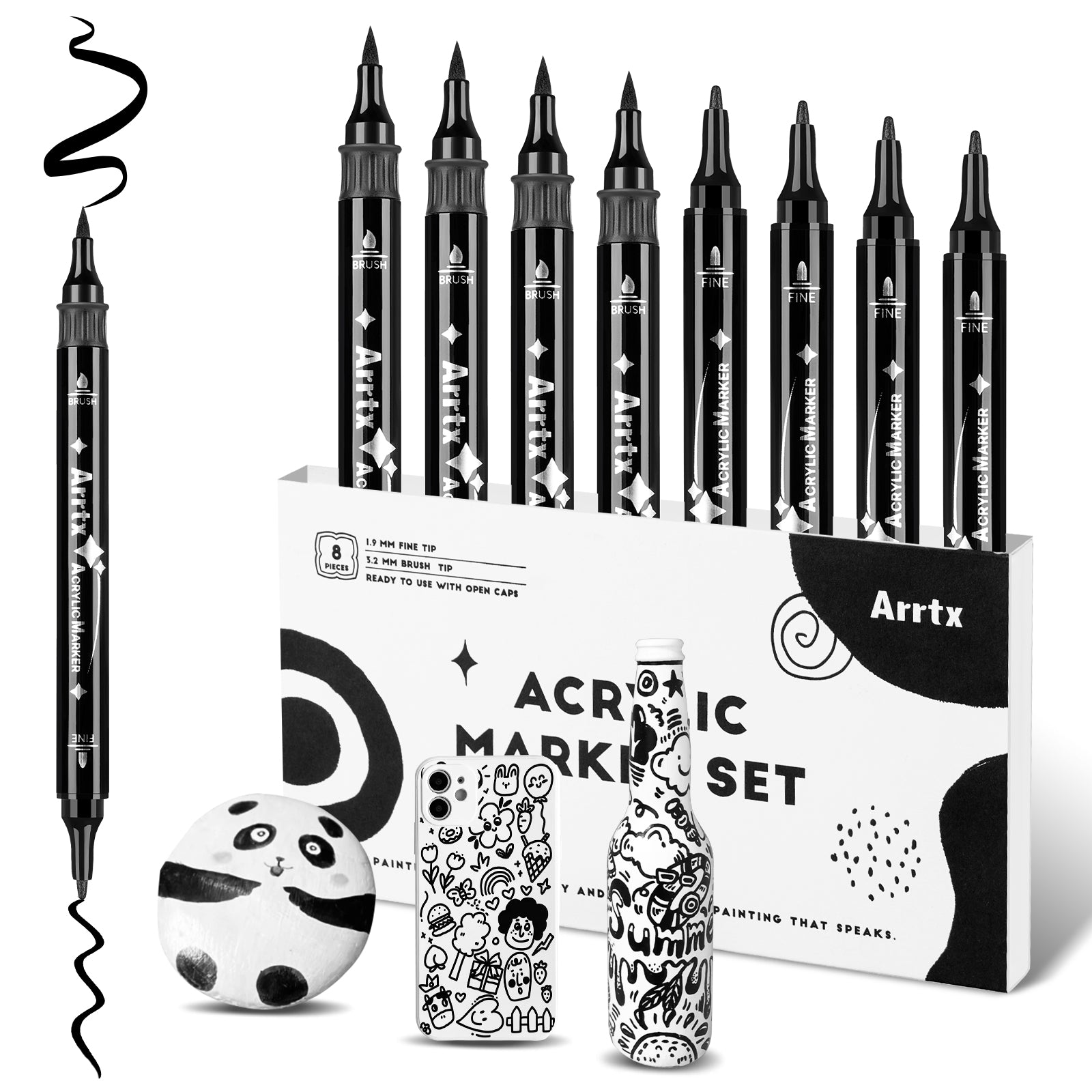 Arrtx 8 Pack Black Colors Acrylic Paint Marker Dual Tip