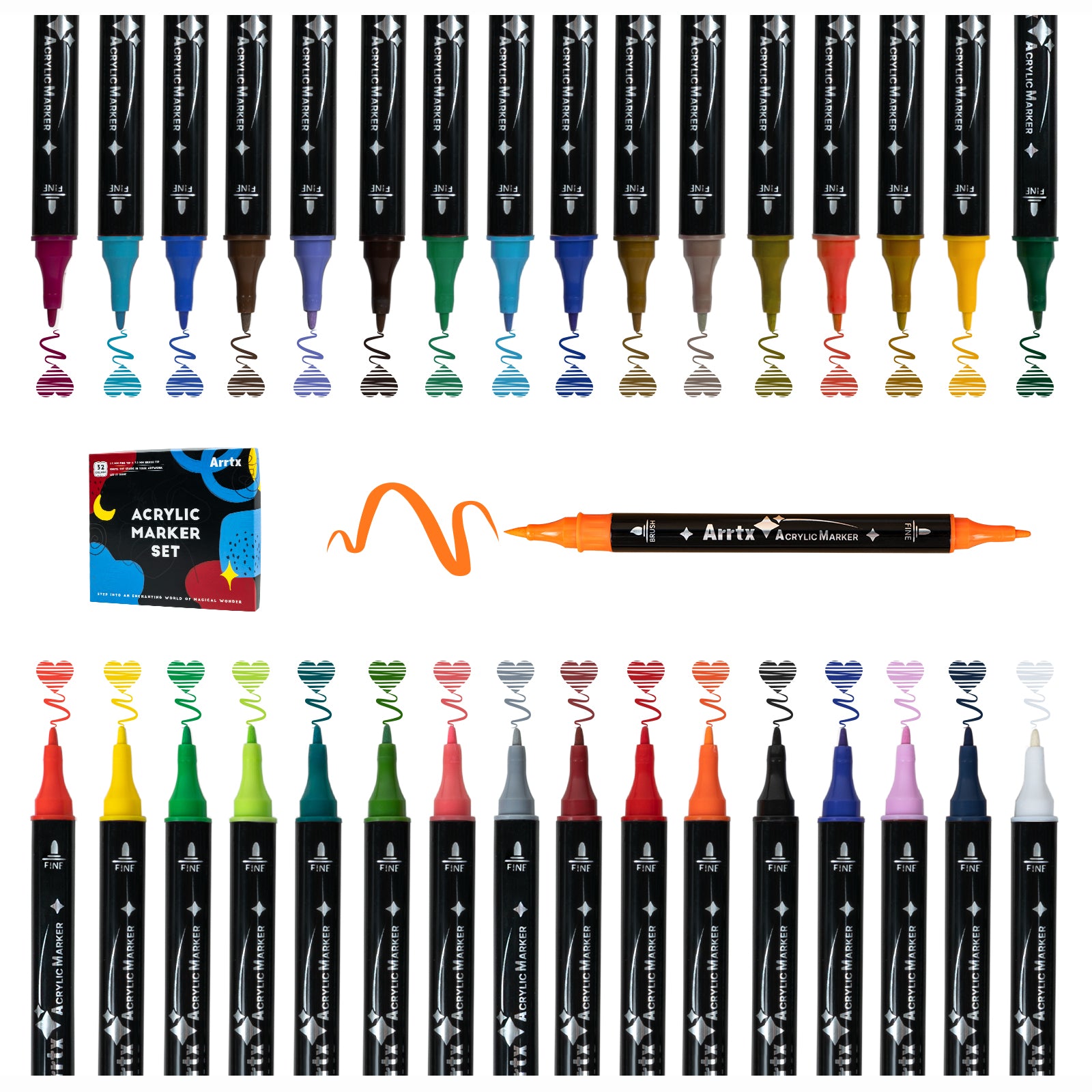 Arrtx 32 Colors Acrylic Marker, Brush Tip and Fine Tip (Dual Tip)