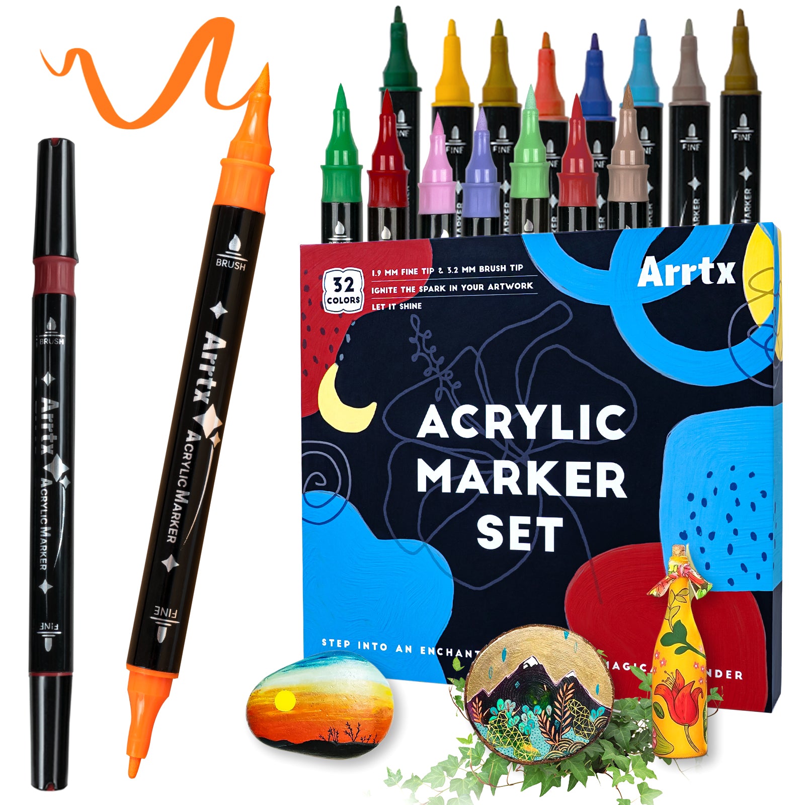  Arrtx Acrylic Paint Pens, 32 Colors Brush Tip and Fine