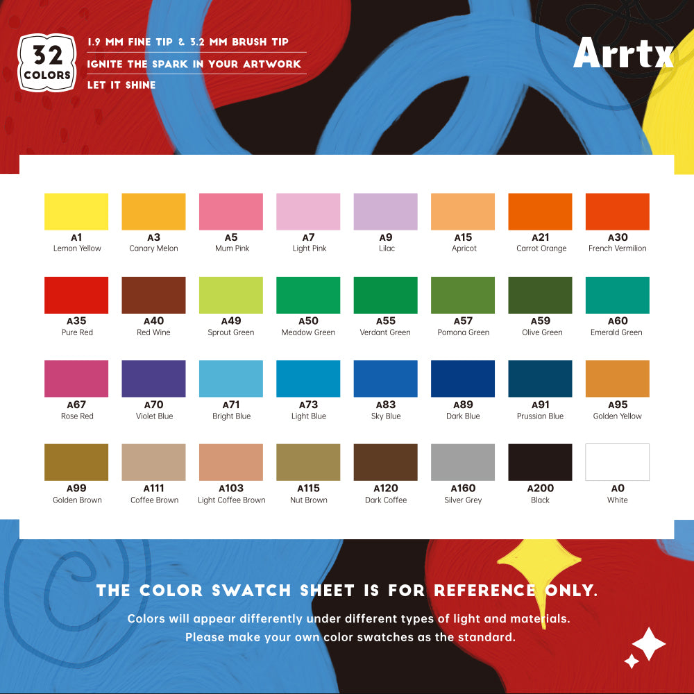 Arrtx 32 couleurs marqueurs acryliques stylos à peinture à double pointe