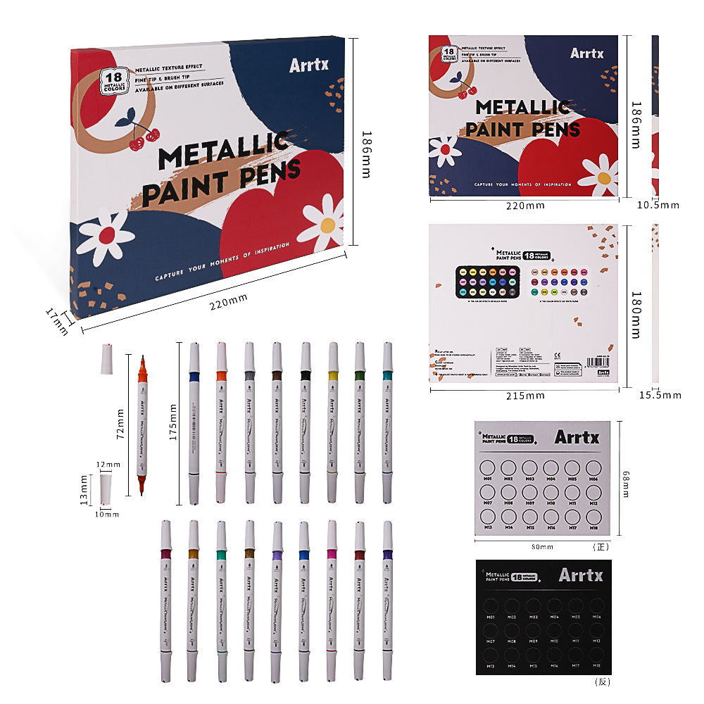 Arrtx 18 Colors Metallic Paint Pens (Dual Tip)
