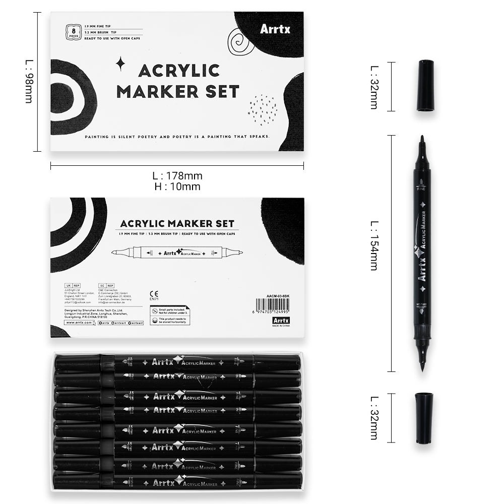 Arrtx 8 Pack Black Colors Acrylic Marker Brush Tip and Fine Tip (Dual Tip)